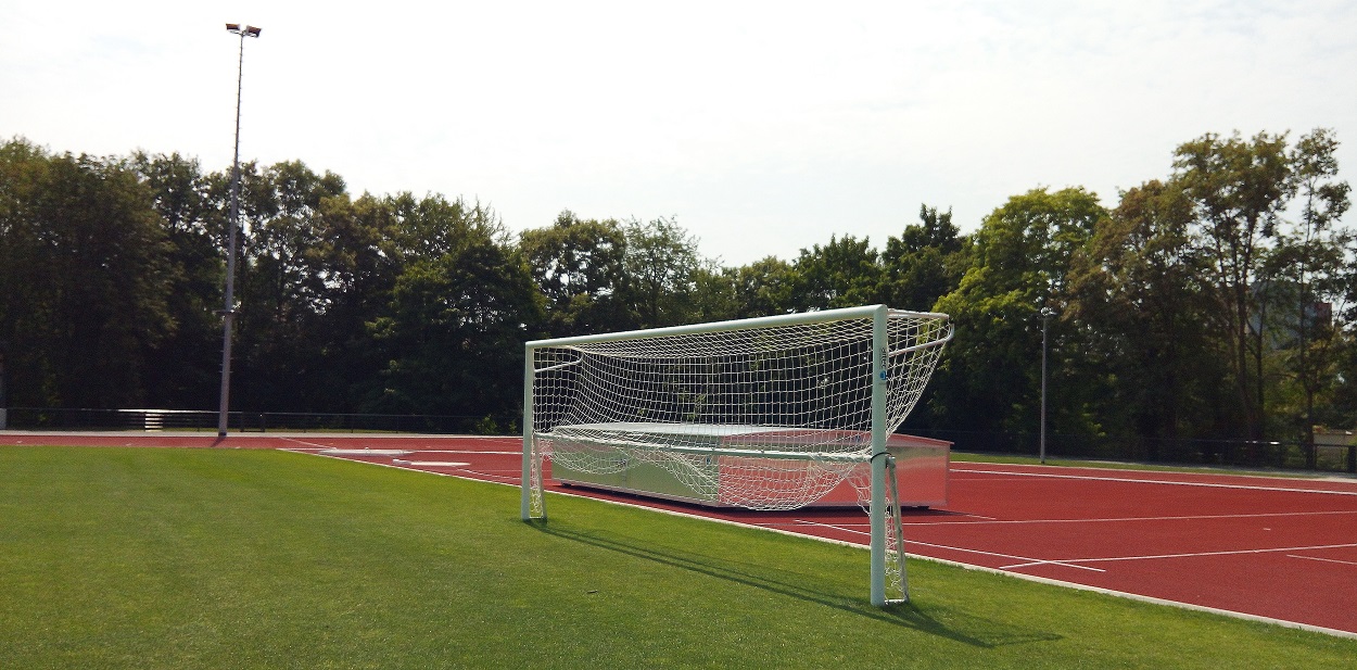 Extensive track and field equipment and soccer goals at Campus Giessen